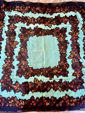 Perry Ellis Floral Vintage Wool Shabby Chic Turquoise and Black Scarf